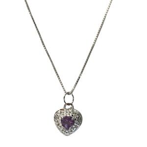 Sterling Silver Heart Necklace with Purple Amethyst & CZ Halo